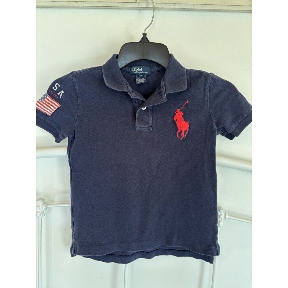 Ralph Lauren Navy Blue Polo Toddler Boys Size 5 Red Horse Button Short Sleeve